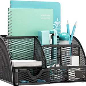 MeRaYo Metal Mesh Desk Organizer with 6 Compartments – Black Pen Stand & Stationery Holder