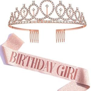 Shining Diva Fashion Birthday Girl Crown & Sash Set – Rose Gold, 2 Pieces