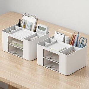 CLADD INTERNATIONAL Vegan Leather Desk Organizer – 3-Compartment Stationery & Remote Holder, White
