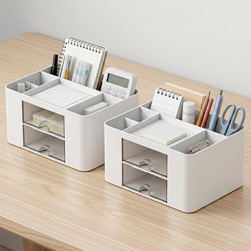 CLADD INTERNATIONAL Vegan Leather Desk Organizer – 3-Compartment Stationery & Remote Holder, White