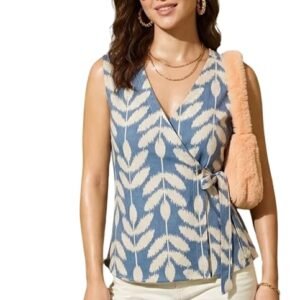 LABEL ADRIJA Women's Pure Cotton Floral Printed Sleeveless Wrap Top – Blue & Cream, Waist Tie-Up