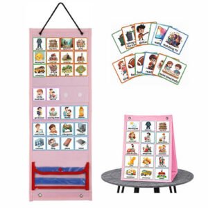 PATPAT 2-in-1 Visual Schedule Chart for Kids – 96 Activity Flash Cards, Foldable Daily Routine Planner, Pink