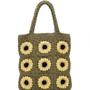 NestiNex Crochet Sunflower Tote Bag for Women – Olive Green Floral Shoulder Handbag
