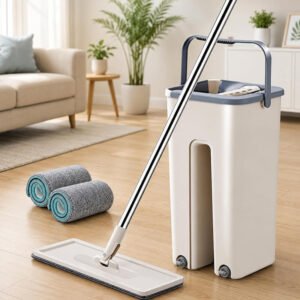 Swiffer Flat Floor Mop with Bucket – 360° Flexible Head, 2 Reusable Pads