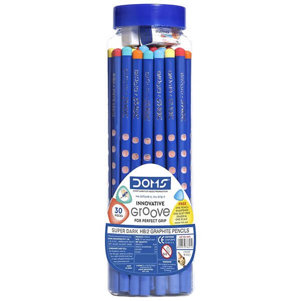 DOMS Groove Super Dark HB/2 Graphite Pencils – Pack of 30 with Eraser, Sharpener & Scale
