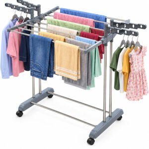 LiMETRO STEEL Foldable Clothes Drying Stand with Wheels & 360° Rotating Hangers