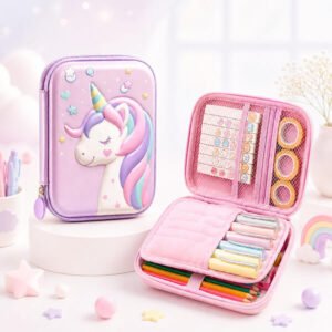 Famyo Pink Unicorn Pencil Box for Kids – Hard Shell School Stationery Organizer & Pencil Case