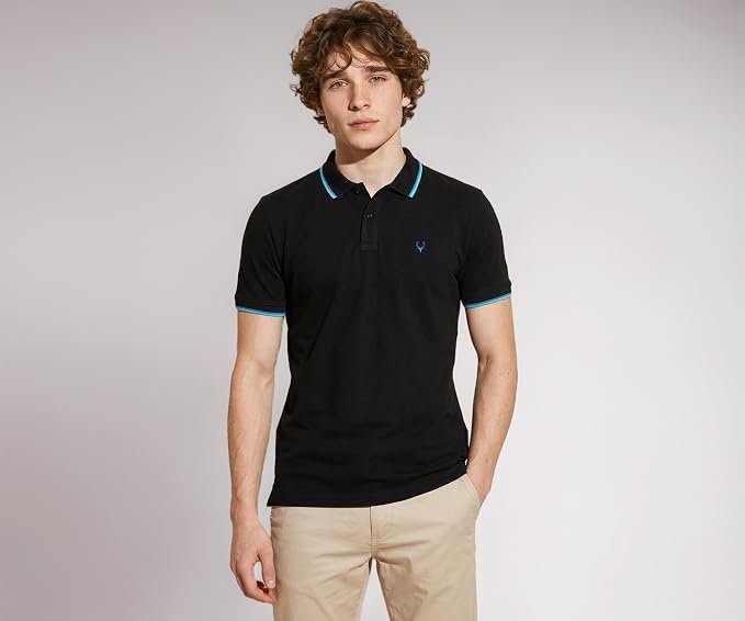 Allen Solly Men's Black Polo T-Shirt – Regular Fit, Blue Contrast Tipping, Premium Cotton