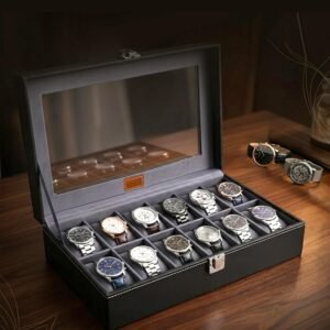 LEDO 12-Slot Watch Organiser Box – PU Leather Watch Storage Case, Black & Gray