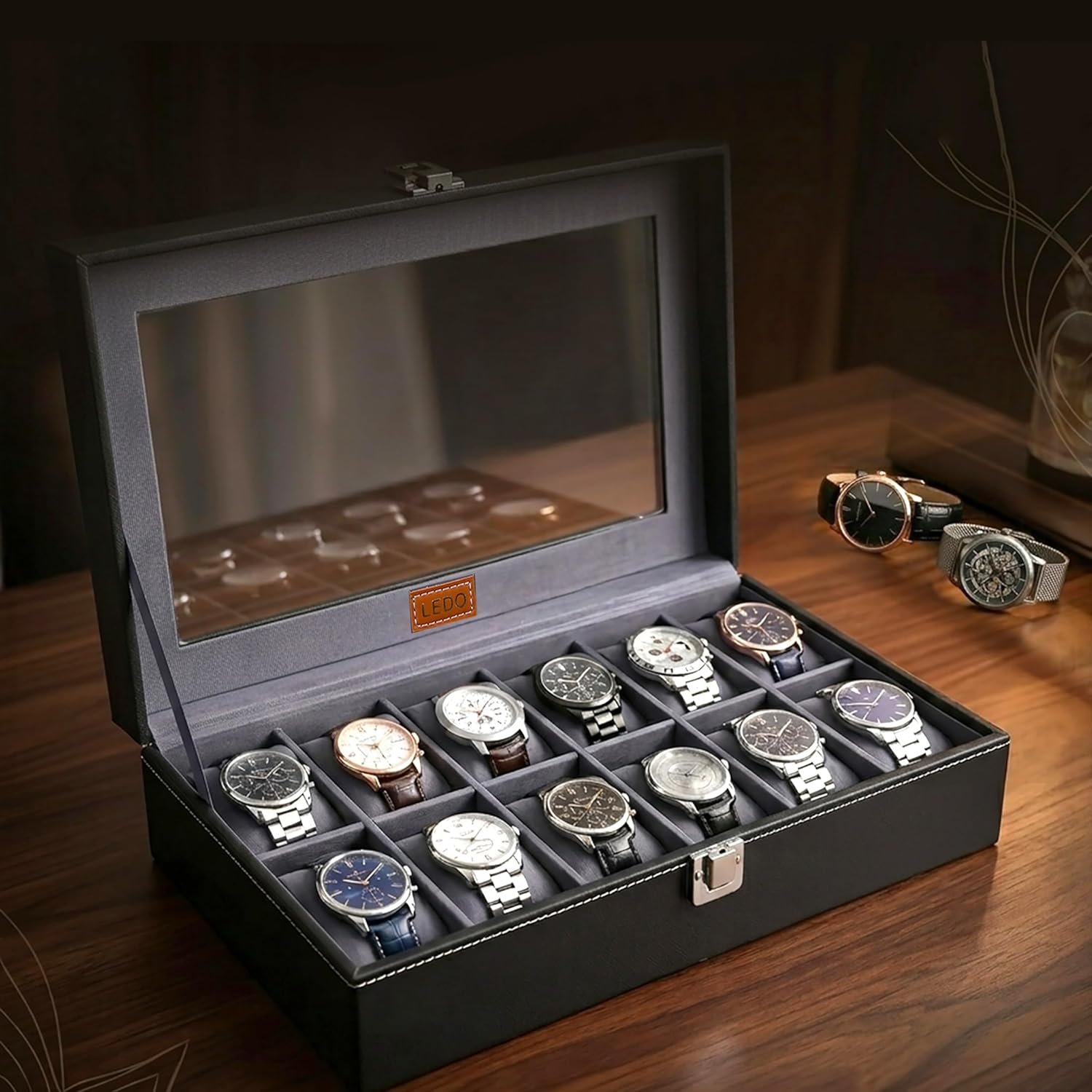 LEDO 12-Slot Watch Organiser Box – PU Leather Watch Storage Case, Black & Gray