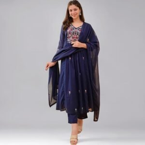 KLOSIA Women Kurta Set with Dupatta – Embroidered Ethnic Wear, Navy Blue