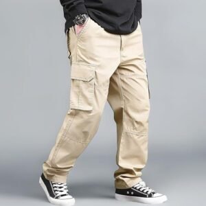 Lymio Men's Cotton Cargo Pants – Beige Multi-Pocket Casual Trousers