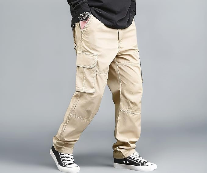 Lymio Men's Cotton Cargo Pants – Beige Multi-Pocket Casual Trousers