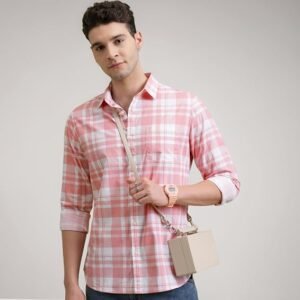 Highlander Men's Cotton Regular Fit Checked Shirt – Pink & White Casual Shirt