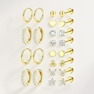 Shining Diva Fashion 12 Pairs Gold-Plated Earrings Combo Set – Studs & Hoops