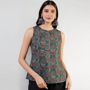 Pinkmint Women's Floral Printed Sleeveless Cotton Top – Dark Green Casual Wear