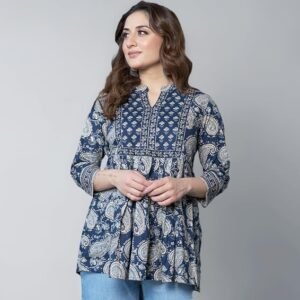 Arayna Women's Pure Cotton Paisley Printed Tunic Top – Blue Casual & Ethnic Wear